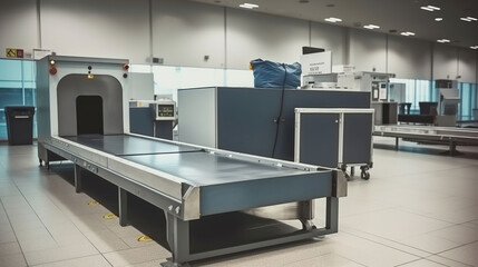 Fototapeta na wymiar Airport security metal detector scan. Empty scanner control luggage at the terminal. Generative AI