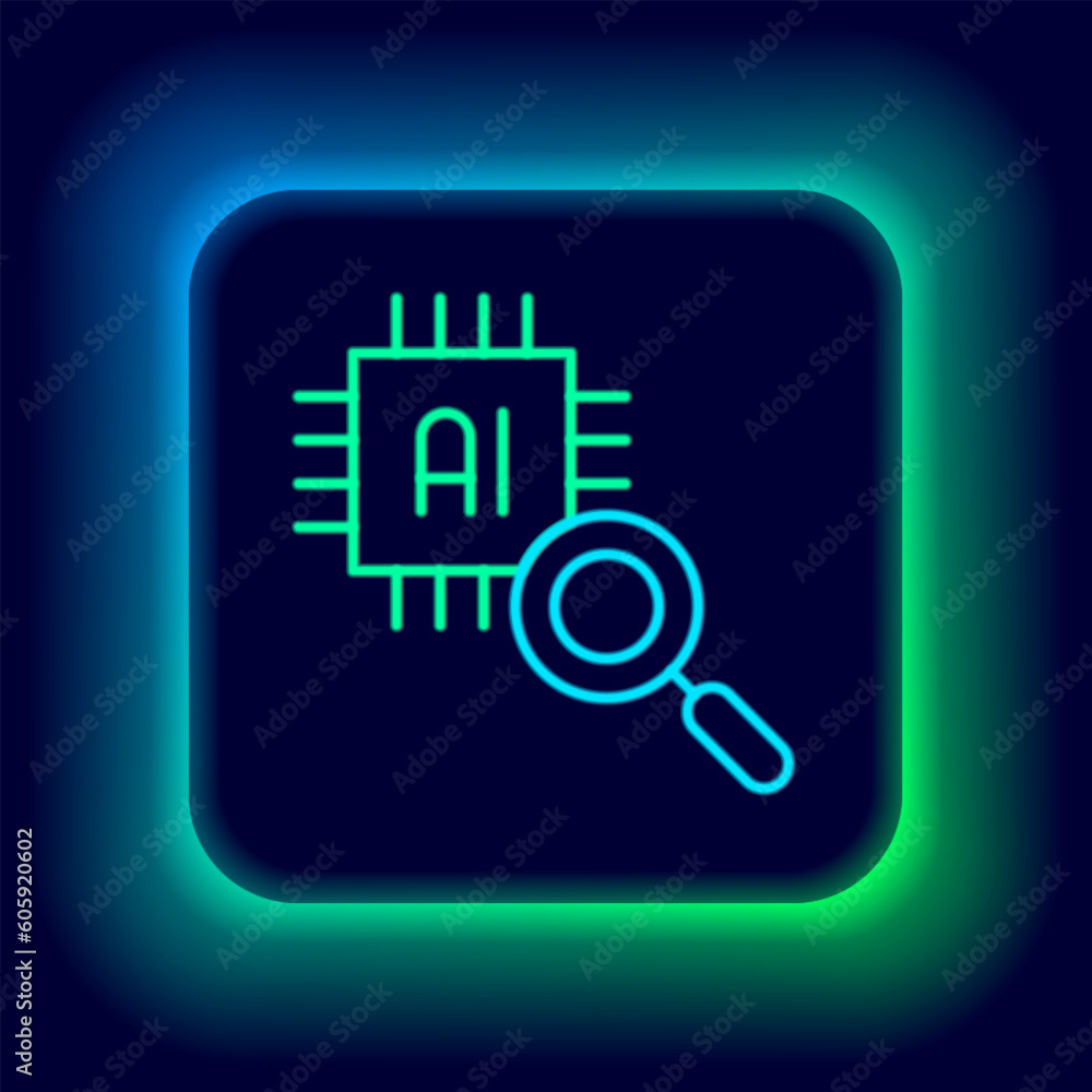 Poster glowing neon line computer processor with microcircuits cpu icon isolated on black background. chip 