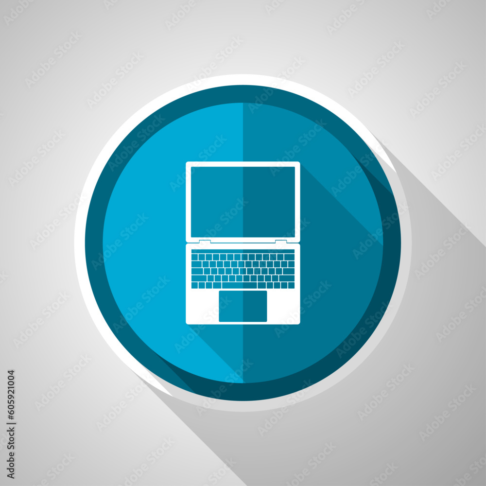 Poster open notebook, laptop, mobile computer symbol, flat design vector blue icon with long shadow
