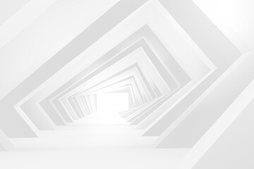 Fototapeta premium Empty Long Light Corridor. White background. Futuristic Sci-Fi Triangle Tunnel. 3D Rendering