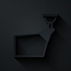Paper cut Movie spotlight icon isolated on black background. Light Effect. Scene, Studio, Show. Paper art style. Vector