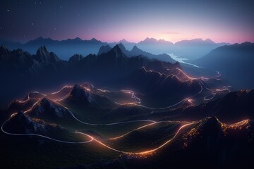 colorful rays flowing from mountains. Generative AI