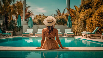 Woman relaxing by the pool. Back view. Holidays at the resort, summer holidays. Generative AI