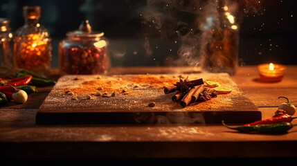 Vintage Cutting Board with Cumin, Garlic and Pepper, for Product Advertisement Display