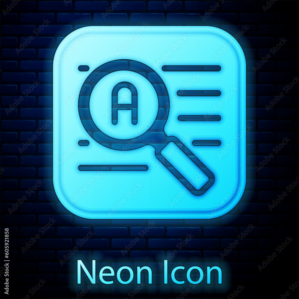 Poster glowing neon translator icon isolated on brick wall background. foreign language conversation icons 