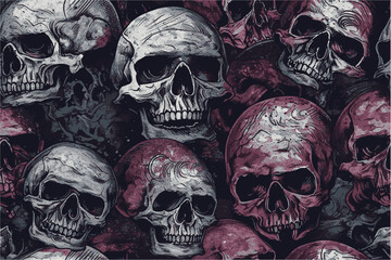 Obraz na płótnie Canvas Hand drawn grunge skulls seamless pattern with red blood. Graphic print for clothing, fabric, wallpaper, wrapping paper