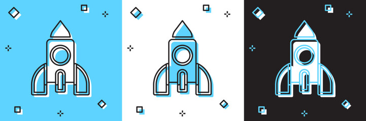 Set Rocket ship toy icon isolated on blue and white, black background. Space travel. Vector
