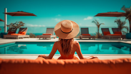 Woman relaxing by the pool. Back view. Holidays at the resort, summer holidays. Generative AI