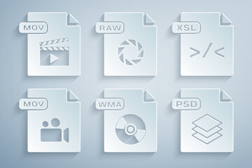 Set WMA file document, XSL, MOV, PSD, RAW and icon. Vector