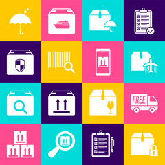 Set Locked package, Free delivery service, Plane and cardboard box, Delivery with umbrella, Search barcode, security shield, Umbrella rain drops and Mobile app tracking icon. Vector