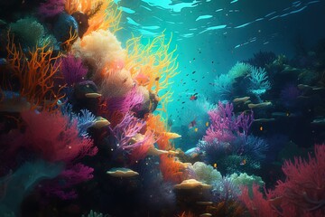 Fototapeta na wymiar colourful fishes illustration inside water. Generative AI