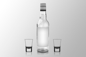 Bottle of vodka with two glass shots. Mockup isolated over background.3d rendering.