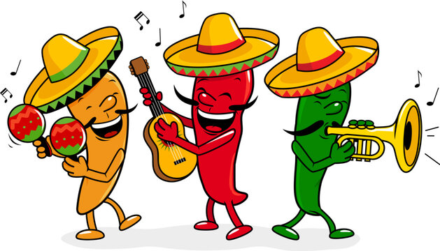 Cartoon mariachi peppers with sombreros, playing music with maracas, guitar and trumpet. Vector illustration