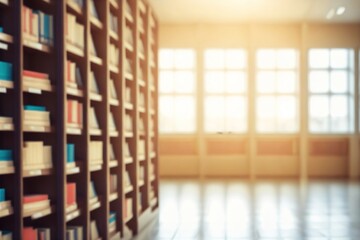 Interior space of the university library. Classroom with bookshelves. Background or backdrop in bookstore business or educational resource concepts - obrazy, fototapety, plakaty