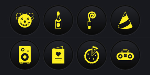 Set Stereo speaker, Party hat, Postcard with heart, Homemade pie, Birthday party horn, Champagne bottle, stereo two speakers and Clown head icon. Vector