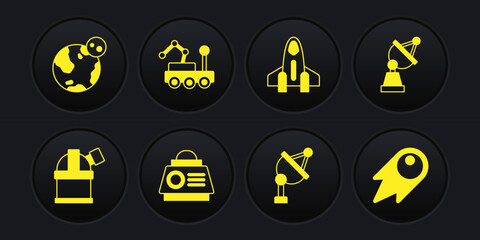 Set Astronomical observatory, Satellite dish, Space capsule, Rocket ship, Mars rover, Comet falling down fast and Earth globe icon. Vector