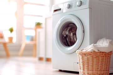 Laundry basket on the background of the washing machine. Generative AI