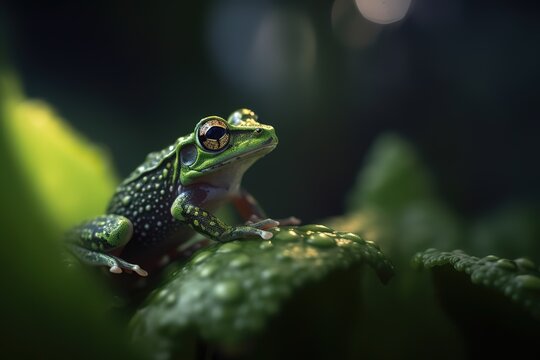 close up of frog sitting in plants. Generative AI