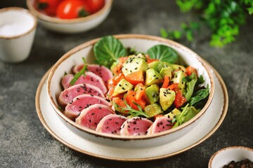 Healthy fresh tuna salad with avocado, tomato and red onion