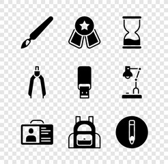 Set Paint brush, Medal with star, Old hourglass, Identification badge, School backpack, Pencil, Drawing compass and USB flash drive icon. Vector