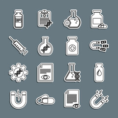 Set line Magnet with lightning, Medical vial, ampoule, money, Bioengineering, DNA research, search, Syringe, and Medicine bottle icon. Vector
