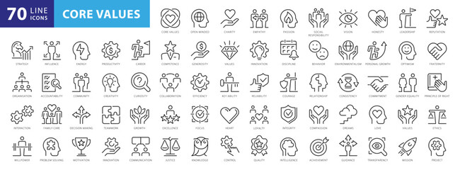 Core values 70 icon set. Full Vector Outline Style Icons. Vector Stock illustration - obrazy, fototapety, plakaty