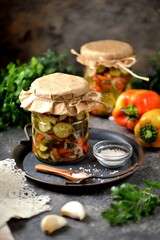 Pickled cucumber salad with bell pepper and onion.