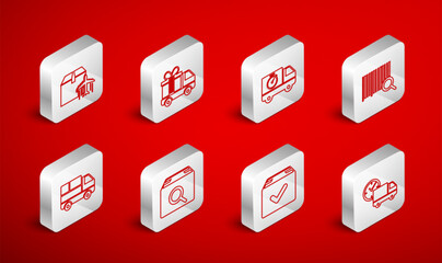 Set line Delivery truck and clock, with gift, stopwatch, Search barcode, Package box check mark, Plane cardboard, package and boxes icon. Vector