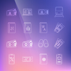 Fototapeta na wymiar Set line Online car sharing, Ticket, Airline ticket, Museum, Cover book travel guide, and Translator icon. Vector