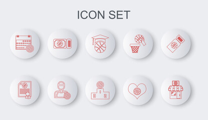 Set line Sports shop and basketball, Certificate award, Basketball training, Heart with, on sport calendar, game ticket, player and winner podium icon. Vector
