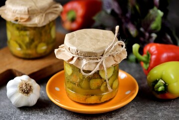 Pickled cucumber salad with carrot and bell pepper caviar.