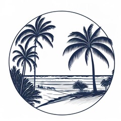 Illustration tropical beach sunset with palm trees and sea. 3D Vector. Nature landscape and seascape. 
In black and white
