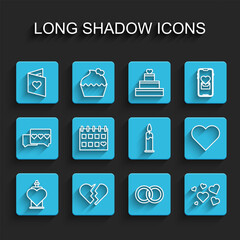 Set line Bottle with love potion, Broken heart, Valentines day flyer, Wedding rings, Heart, Calendar, and Burning candle icon. Vector