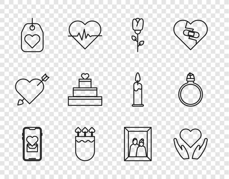 Set line Mobile with heart, Heart in hand, Flower rose, Quiver arrows, tag, Wedding cake, Picture frame and Diamond engagement ring icon. Vector