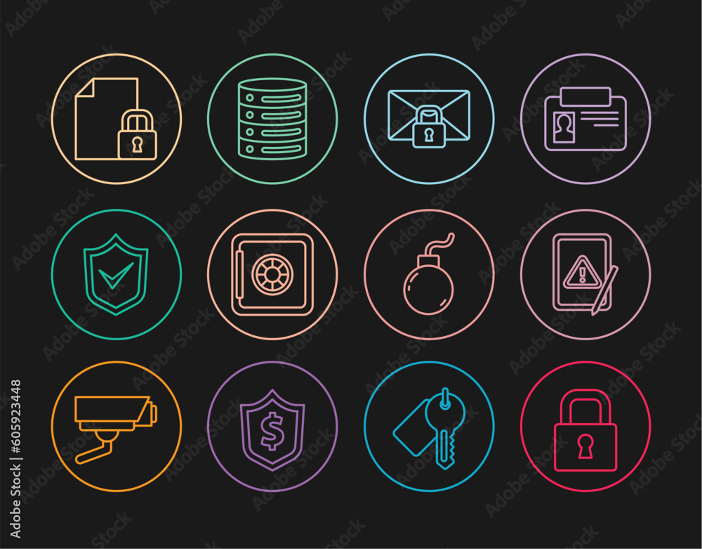 Poster set line lock, tablet with exclamation mark, mail message lock password, safe, shield check, documen