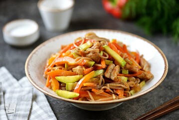 Soba noodles with pork and vegetables in soy sauce.