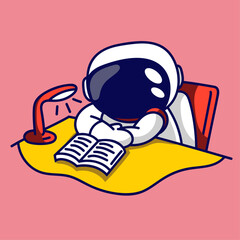 Cute astronaut reading a book. Vector illustration in cartoon style.