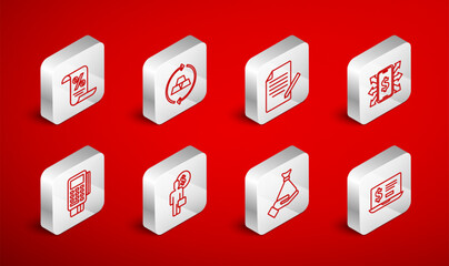 Set line Laptop with dollar, Gold bars, Document and pen, Smartphone, Money in hand, Finance document, Business man planning mind and POS terminal credit card icon. Vector