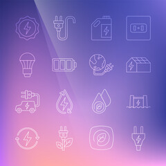 Set line Electric plug, Hydroelectric dam, Solar energy panel, Eco fuel canister, Battery, LED light bulb, Lightning bolt and Global power planet icon. Vector