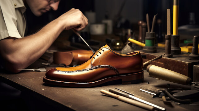 Luxury shoemaking by shoemaker. Generative AI