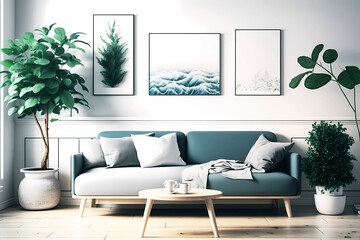 Living room interior design with pastell grey sofa. Generative ai.