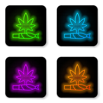 Glowing neon line Marijuana joint, spliff icon isolated on white background. Cigarette with drug, marijuana cigarette rolled. Black square button. Vector