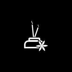 Incense sticks and flower line icon isolated on black background