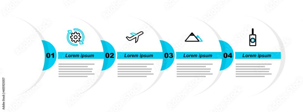 Poster set line remote control, mountains, plane and gear and arrows as workflow icon. vector