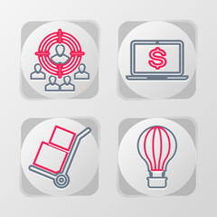 Set line Hot air balloon, Hand truck and boxes, Laptop with dollar and Marketing target strategy icon. Vector