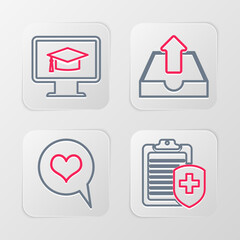 Fototapeta premium Set line Clipboard with medical insurance, Heart speech bubble, Upload inbox and Monitor graduation cap icon. Vector