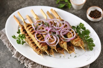 Homemade beef and chicken kebab with dill and red onion