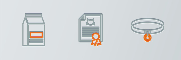 Set line Cat collar, Bag of food and Certificate for dog or cat icon. Vector