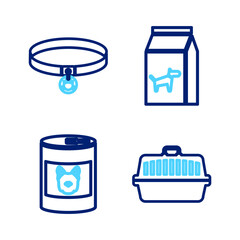 Set line Pet carry case, Canned food for dog, Bag of and Cat collar icon. Vector