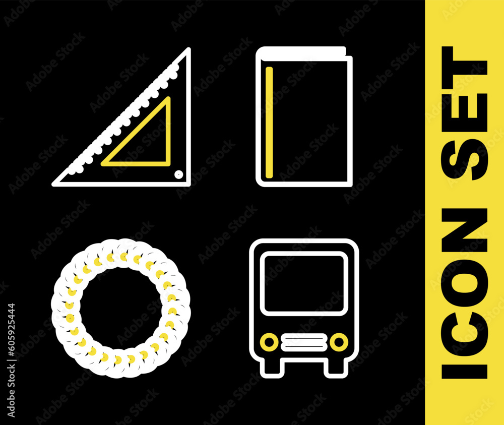 Poster set line book, bus, laurel wreath and triangular ruler icon. vector